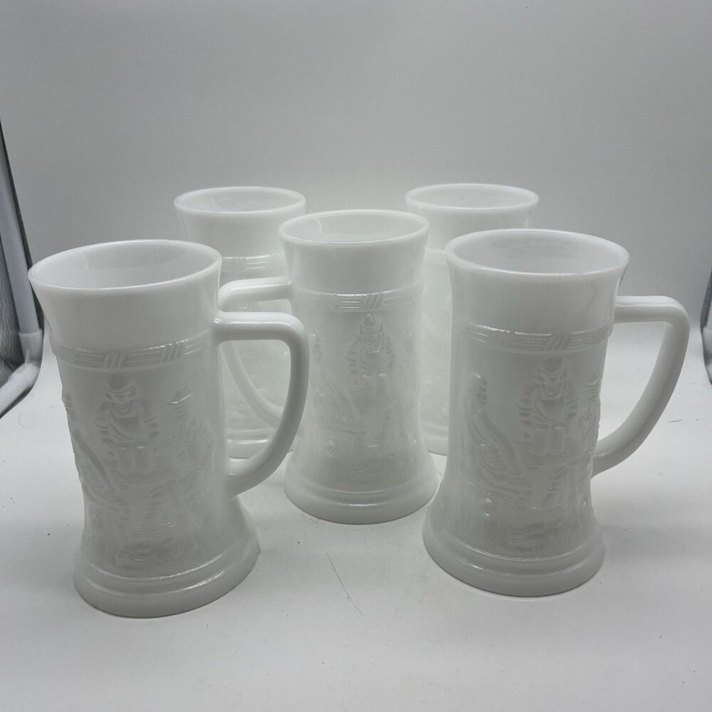 Vintage Federal Milk Glass Steins w/ Handles Tavern Scene, Set of 5